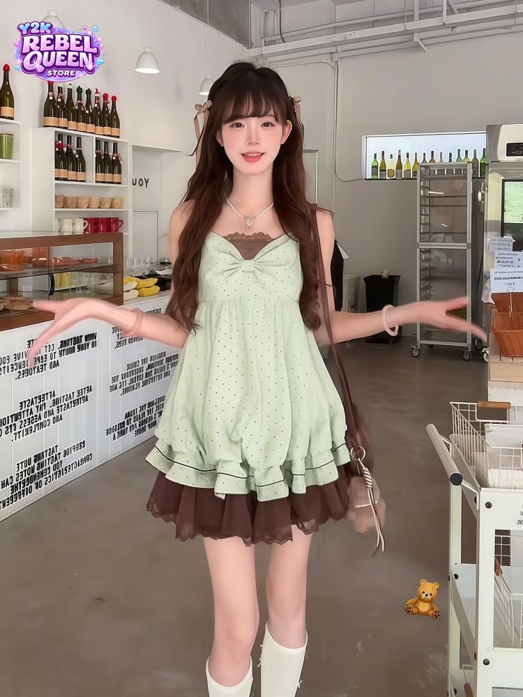 Elastic Lace Trim - Coquette Sweet Koreanisches Polka-Dot-Camisole-Kleid für Damen